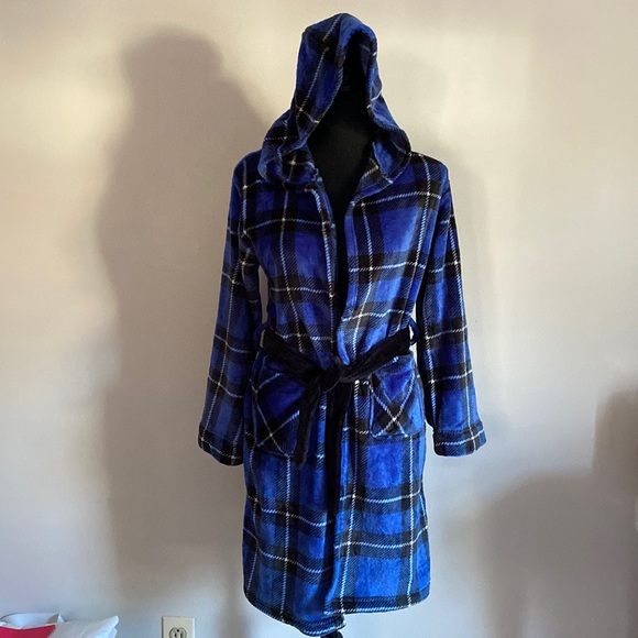 Kids Cuddl Duds hooded fleece robe with 2 front pockets size large blue plaid - Picture 3 of 15